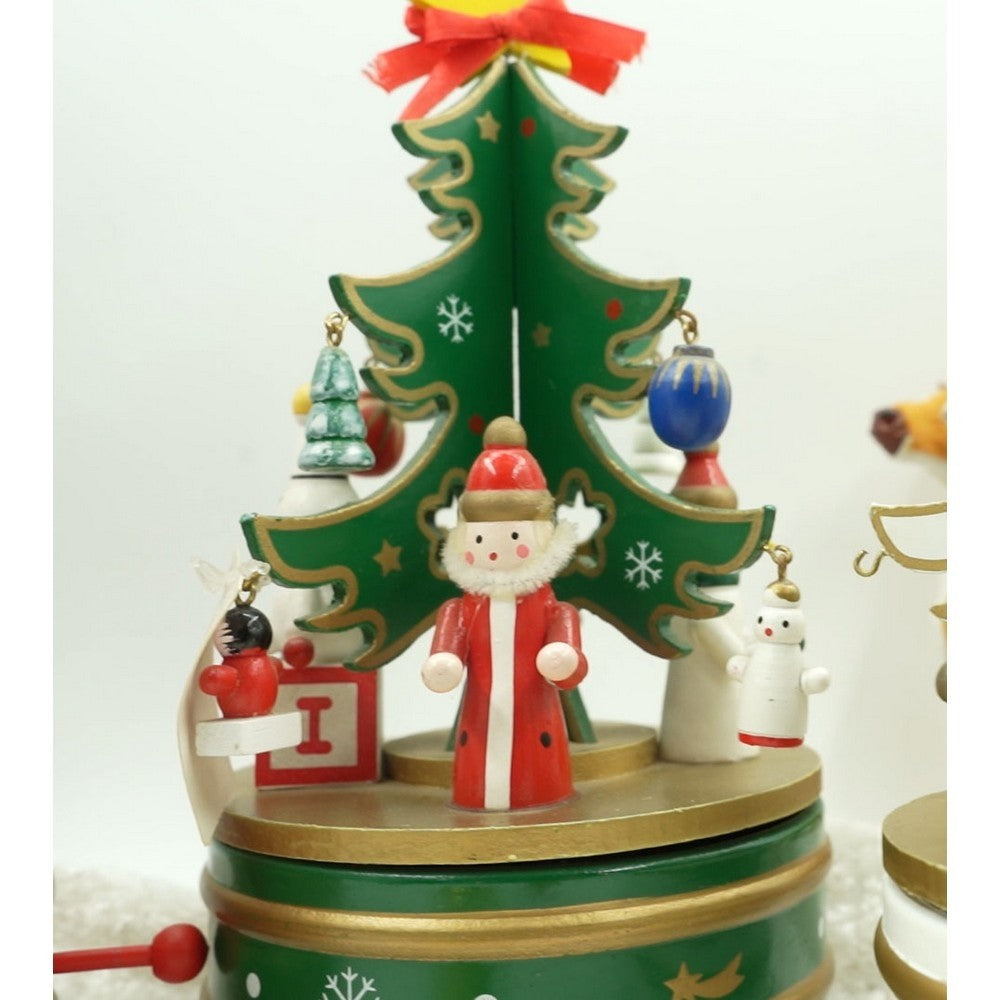 Cutiuta Muzicala de Craciun in Forma de Bradut, Mecanism Rotativ Manual, Decoratiune Festiva Interior, Lemn, Verde, 12 cm x 22 cm