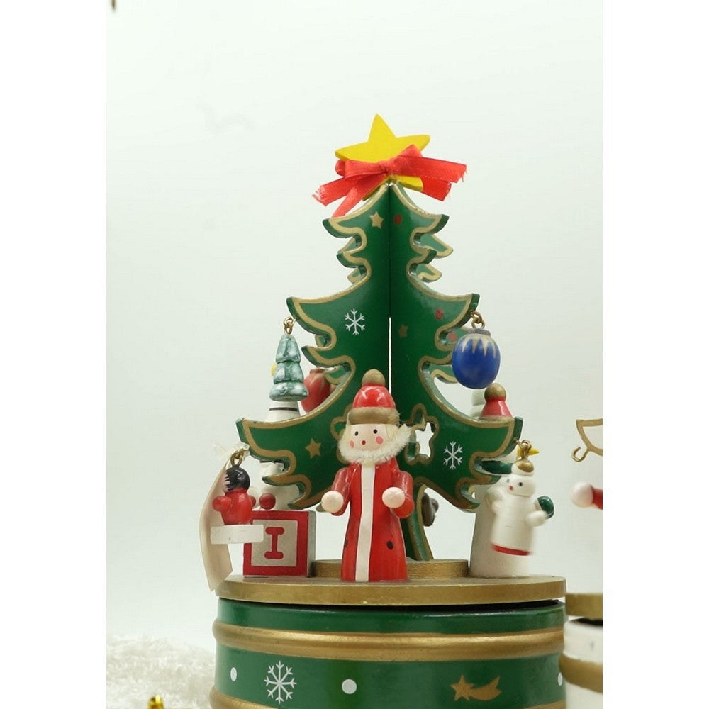 Cutiuta Muzicala de Craciun in Forma de Bradut, Mecanism Rotativ Manual, Decoratiune Festiva Interior, Lemn, Verde, 12 cm x 22 cm