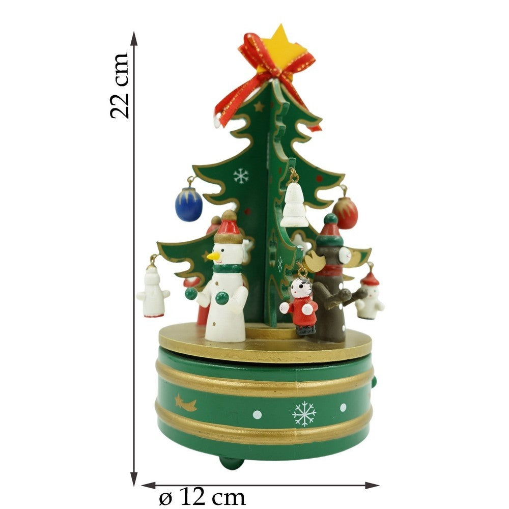 Cutiuta Muzicala de Craciun in Forma de Bradut, Mecanism Rotativ Manual, Decoratiune Festiva Interior, Lemn, Verde, 12 cm x 22 cm