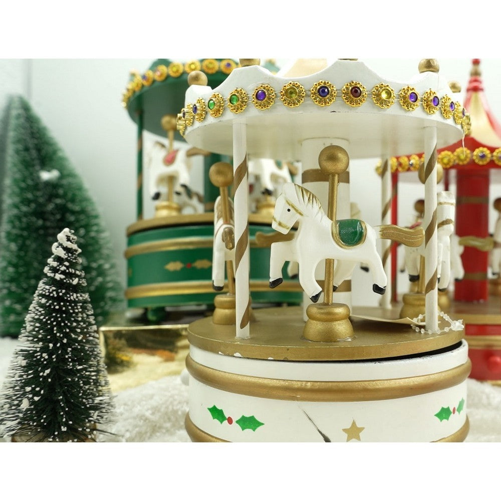 Căruț Muzical de Crăciun cu Carusel Rotativ, Ornament Festiv de Interior, Lemn, Alb
