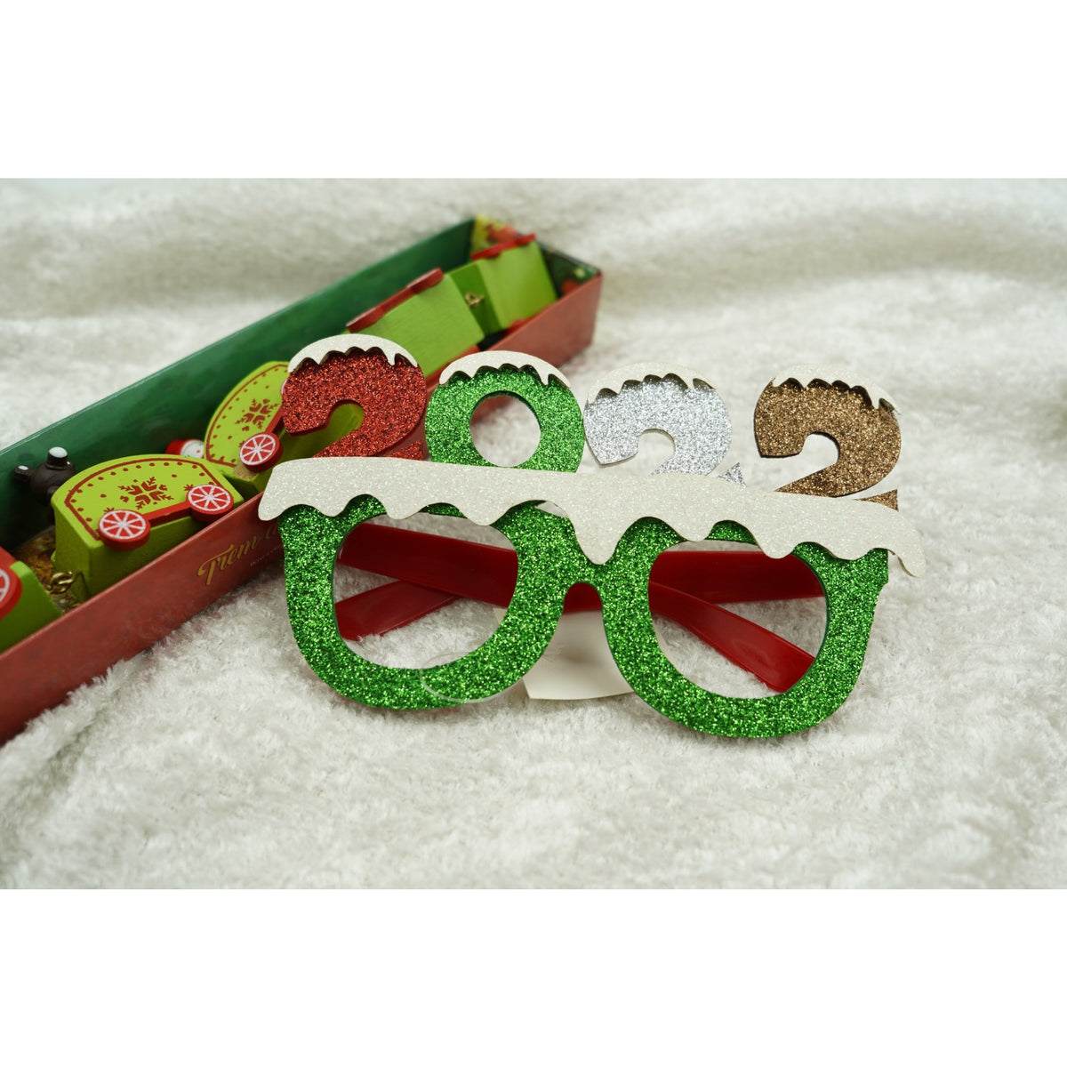 Ochelari de Petrecere pentru Revelion 2022, Accesorii Festive de Anul Nou, Rama din Plastic cu Decoratiuni din Poliester, Verde