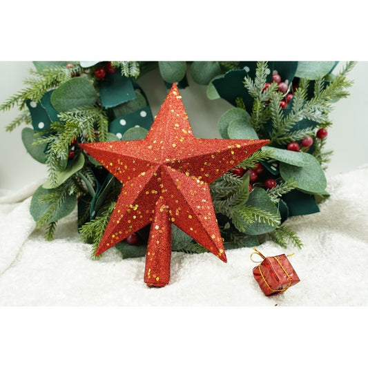 Varf Decorativ Pentru Brad de Craciun, Model Stea Cu Paiete Stralucitoare, Plastic Rezistent, Utilizare Interior si Exterior, Rosu, 18 x 20 cm