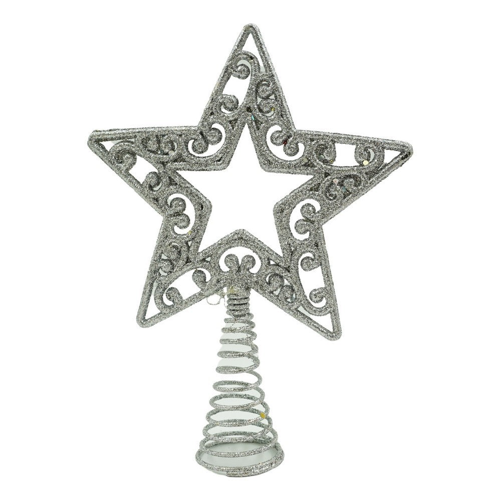 Varf de Brad in Forma de Stea, Decoratiune de Craciun cu Decupaj Central, Plastic si Metal, Argintiu, 14 x 19 cm