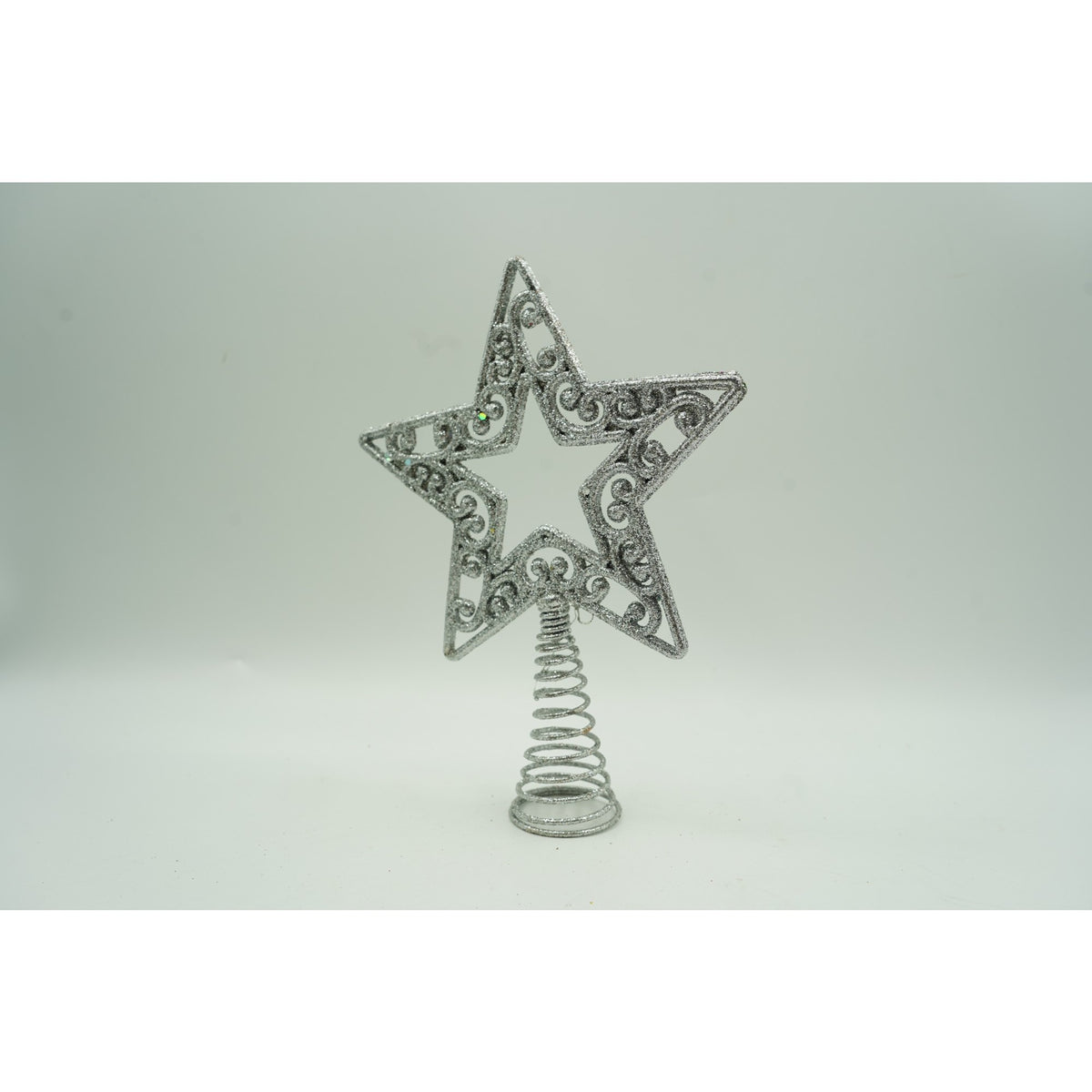 Varf de Brad in Forma de Stea, Decoratiune de Craciun cu Decupaj Central, Plastic si Metal, Argintiu, 14 x 19 cm