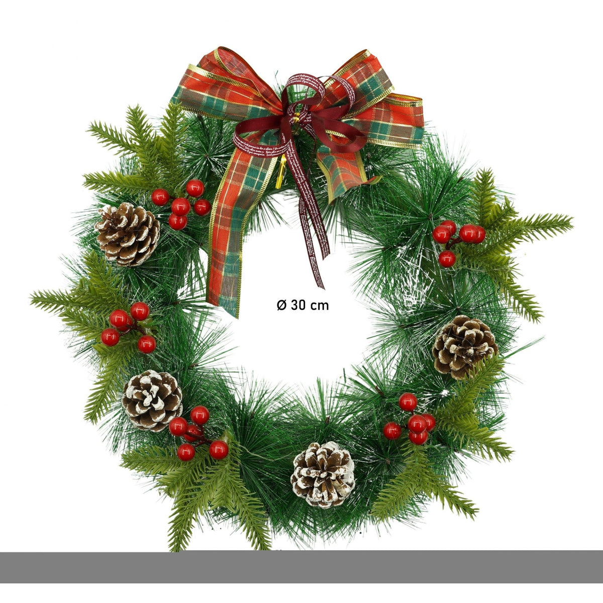 Coronita de Craciun pentru Usa, Brad Artificial Decorat cu Flori si Globuri, Rama PVC Rezistenta, Interior si Exterior, Rosu si Verde, 40 cm