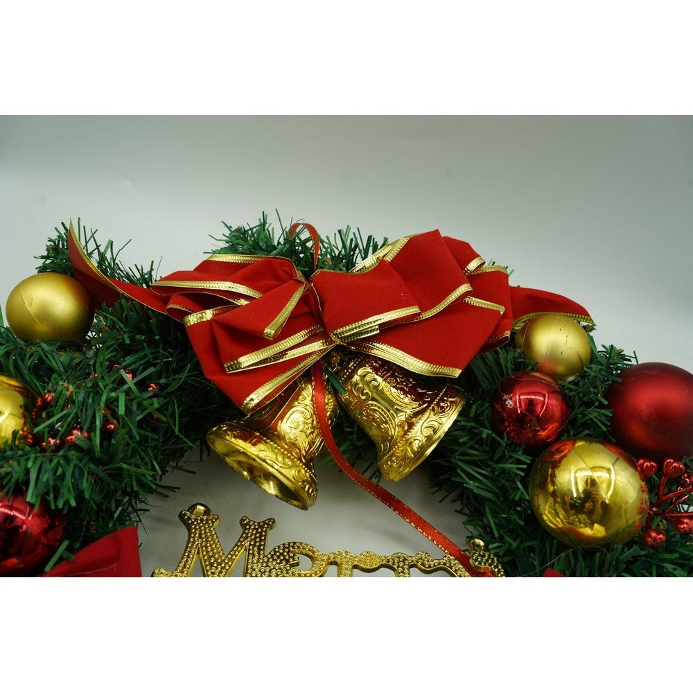 Coronita de Craciun Artificiala pentru Usa, Model Decorat cu Globuri si Fundite, PVC, Interior si Exterior, 40 cm, Rosu, Auriu si Verde