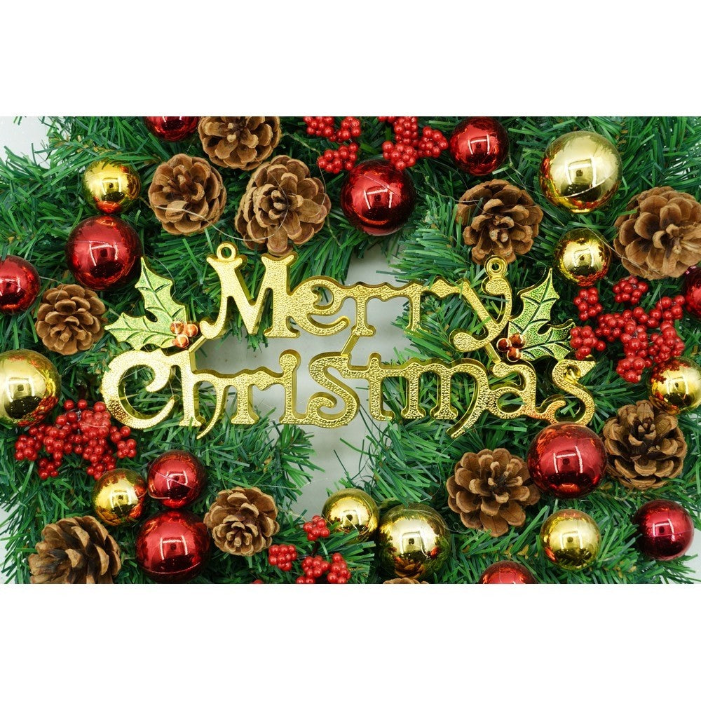Coroniță de Crăciun pentru Ușă, Decorată cu Globuri și Funde, Brad Artificial din PVC, Rezistentă Interior și Exterior, 40 cm, Roșu-Auriu-Verde
