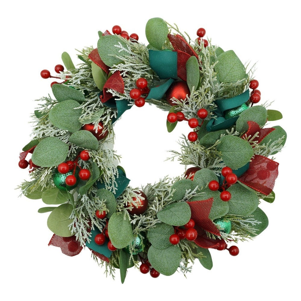 Coroniță de Crăciun pentru Ușă, Brad Artificial Decorat, Rezistentă la Intemperii, Interior și Exterior, PVC, Verde și Roșu, 40 cm