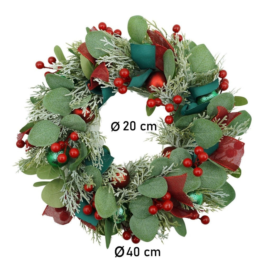 Coroniță de Crăciun pentru Ușă, Brad Artificial Decorat, Rezistentă la Intemperii, Interior și Exterior, PVC, Verde și Roșu, 40 cm