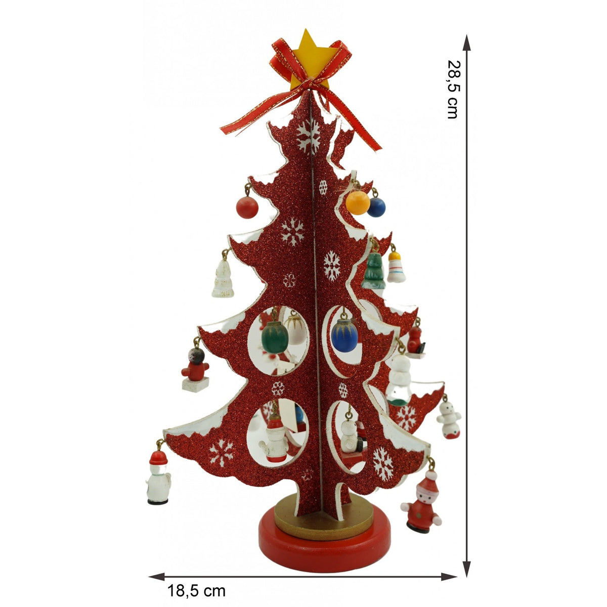 Brad de Craciun Decorativ cu 8 Cavitati si Ornamente Detasabile, Decoratiune de Masa din Lemn, Rosu si Alb, 18.5 cm x 33 cm