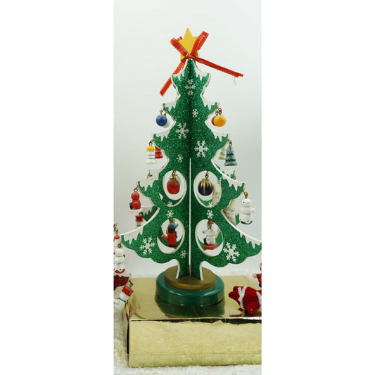 Brad De Craciun Decorativ, 8 Cavitati Cu Ornamente Detasabile, Structura Din Lemn, Verde Si Alb, 18.5 x 33 cm