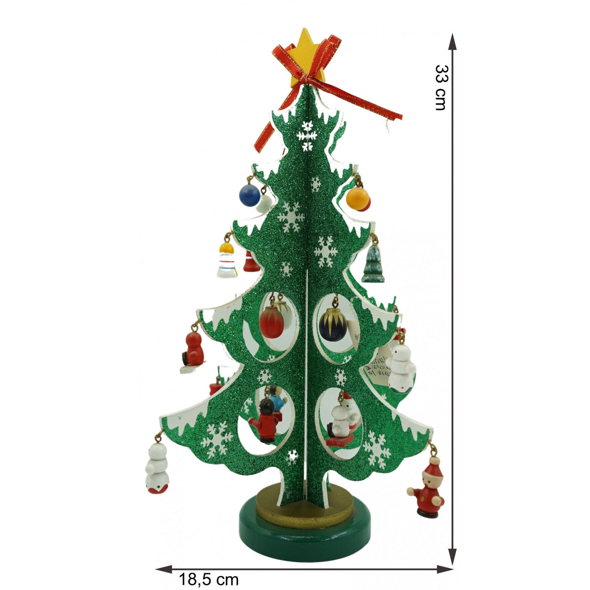 Brad De Craciun Decorativ, 8 Cavitati Cu Ornamente Detasabile, Structura Din Lemn, Verde Si Alb, 18.5 x 33 cm