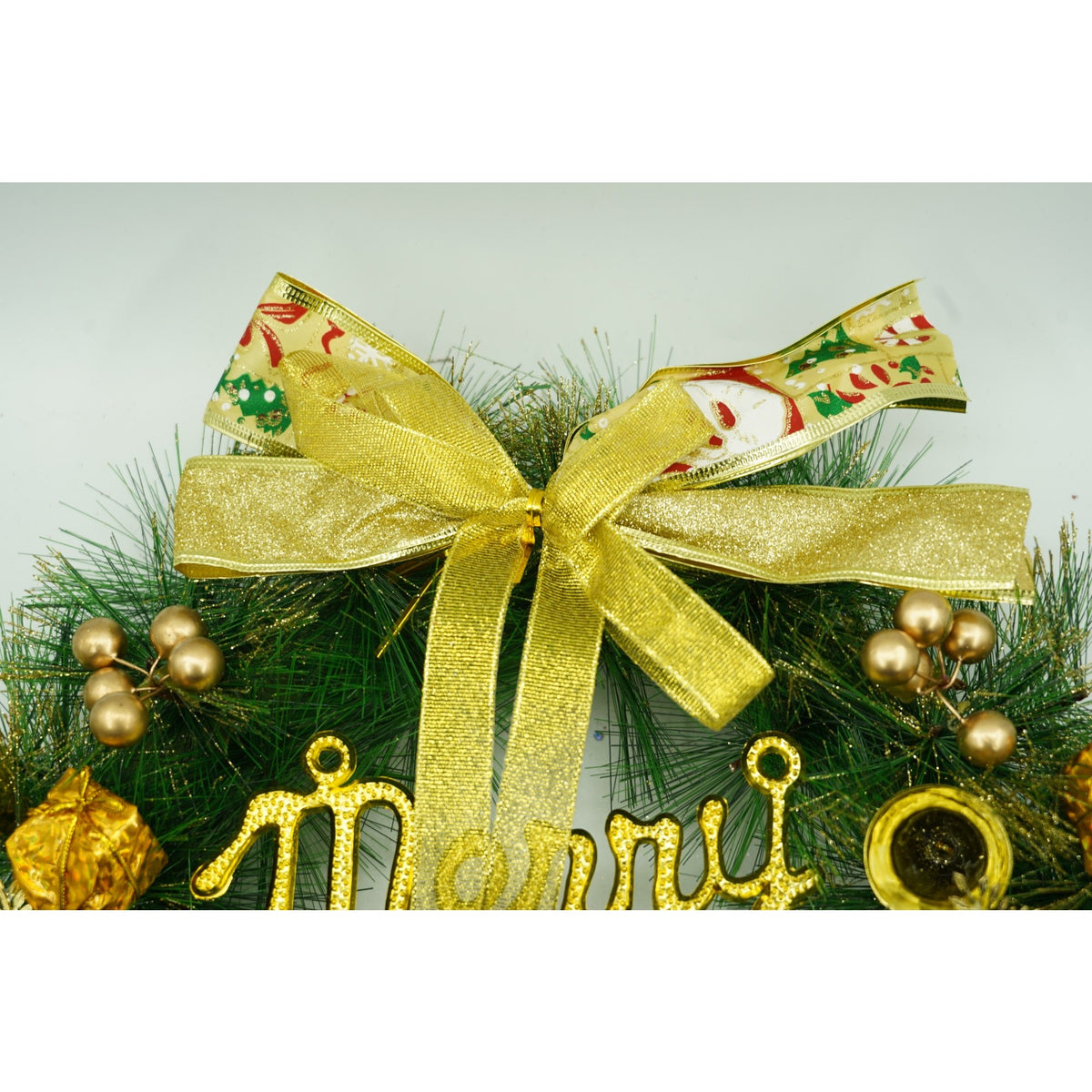 Coronita de Craciun Artificiala pentru Usa, Decorata cu Ornamente Aurii, Material PVC, Utilizare Interior si Exterior, Verde si Auriu, 40 cm