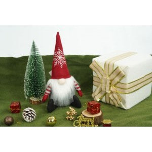 Gnom de Craciun, Ornament Spiridus Scandinav Decorativ cu Palarie Lunga, Figurina Textila Moale pentru Sezut, Rosu si Gri, 31 cm