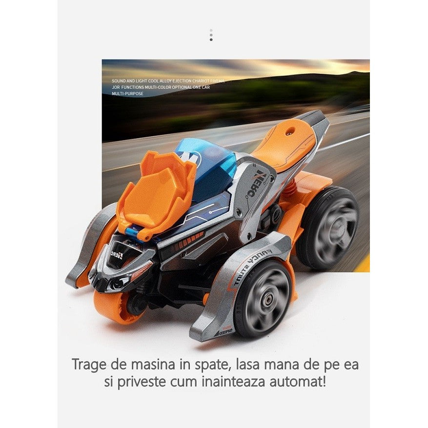 Masina Jucarie 2 In 1 cu Motocicleta Proiectabila, Efecte De Sunet Si Lumina, Plastic, Portocalie