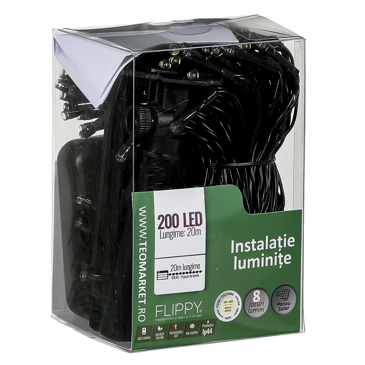 Instalatie Craciun Solara, 200 LED-uri, Senzor de Lumina, Exterior si Interior, Fir Flexibil din Cupru, 20 m, Alb Cald