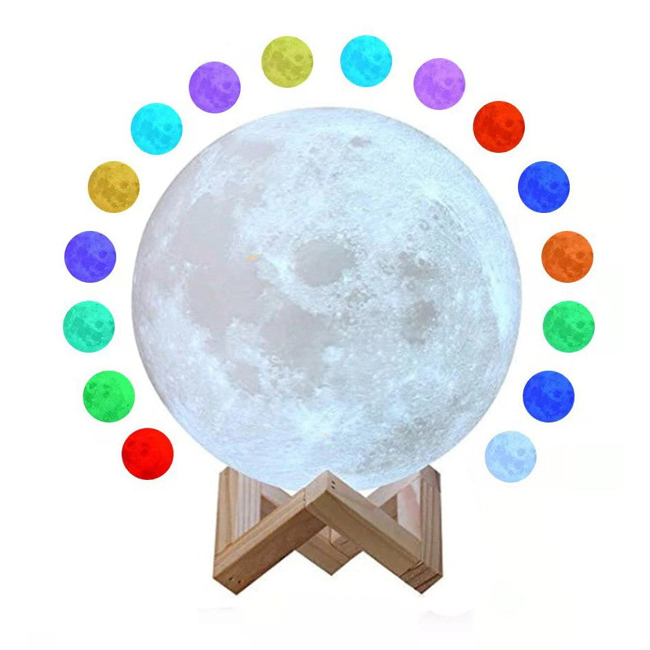 Lampa de Veghe 3D Moon Light, Lumina LED Multicolora, Senzor Tactil, Stativ Inclus, Plastic, 20 cm, 7 Culori, Alimentare Baterii