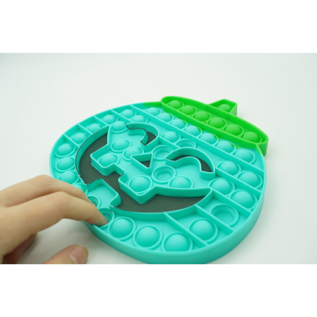 Jucarie Antistres Pop It Now and Flip It, Model Dovleac Halloween, Silicon Flexibil, Turcoaz, 20 cm