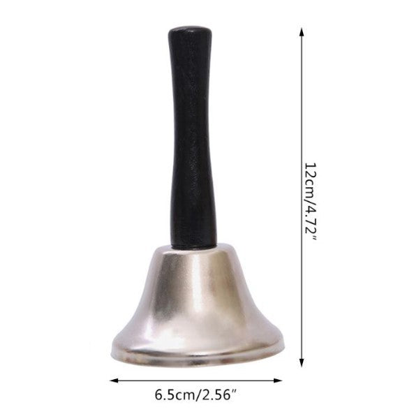 Clopotel de Craciun din Metal, Maner din Lemn, Sunet Puternic, Accesoriu Costum Mos Craciun, Inaltime 12 cm, Diametru 6.5 cm, Argintiu