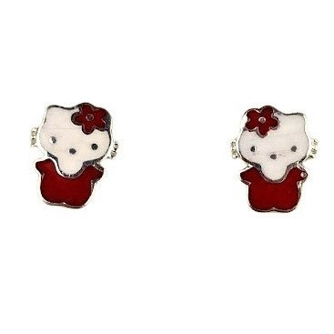 Cercei Copii Hello Kitty, Model Pisicuta cu Email Rosu, Argint 925 Placat cu Rodiu, Anti-oxidare, Inchidere Sigura, 1.95 g