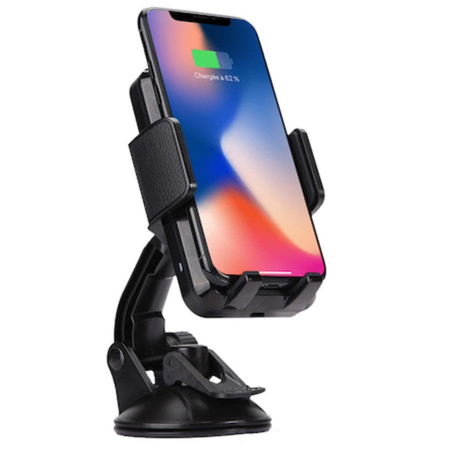 Suport Auto cu Incarcare Wireless Fast Charge 10W, Montare 2 in 1 pe Ventuza sau Grila Ventilatie, Compatibil cu Telefoane 3.5 - 6.5 inch, Negru, include Cablu Micro-USB