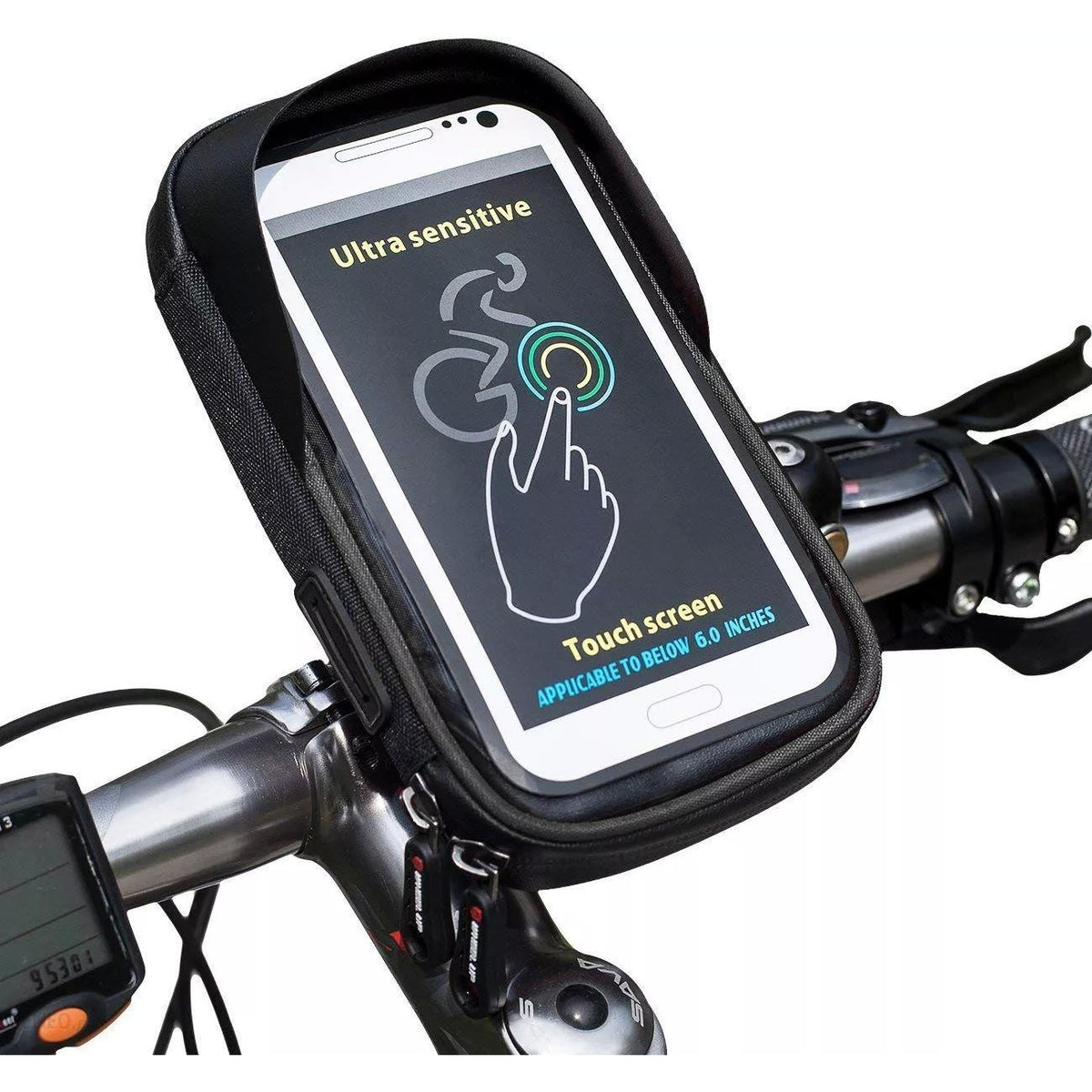 Wheel Up Suport Telefon Bicicleta, Borseta Impermeabila cu Protectie Solara, Rotatie 360 Grade, Nailon 900D si Ecran Tactil TPU, Compatibil Telefoane pana la 6.0 inch, Negru