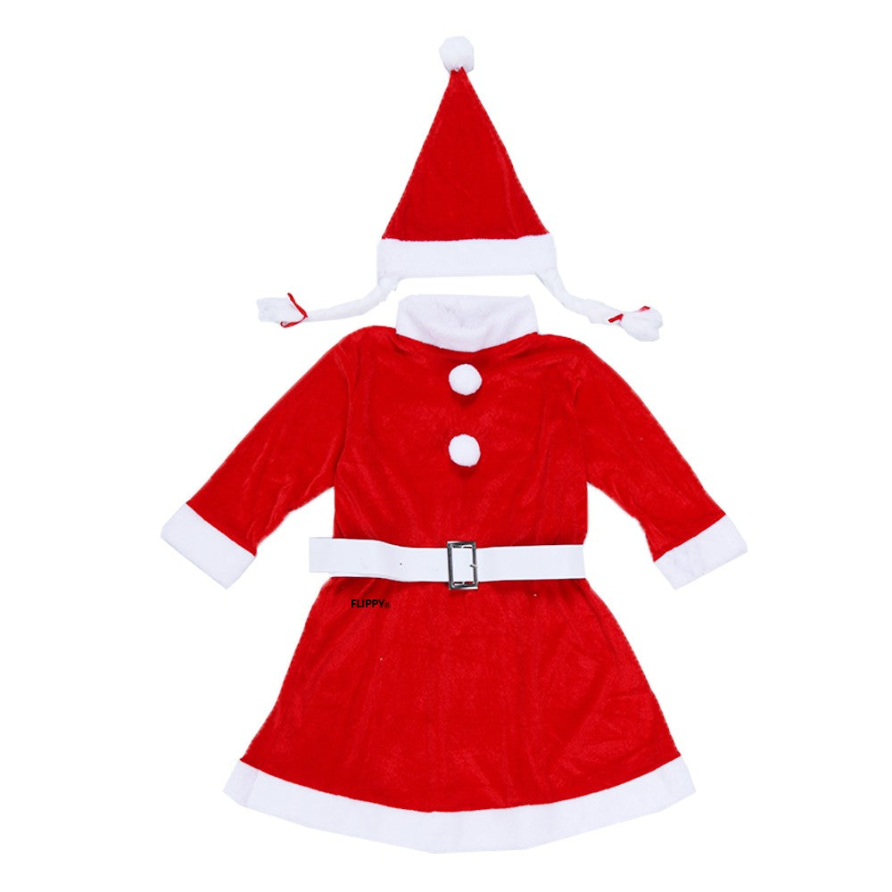 Costum Craciunita pentru Fete, Set Rochie de Craciun cu Caciula si Centura, Material Catifea Moale, 3 Piese, Rosu, Marime 7-9 Ani