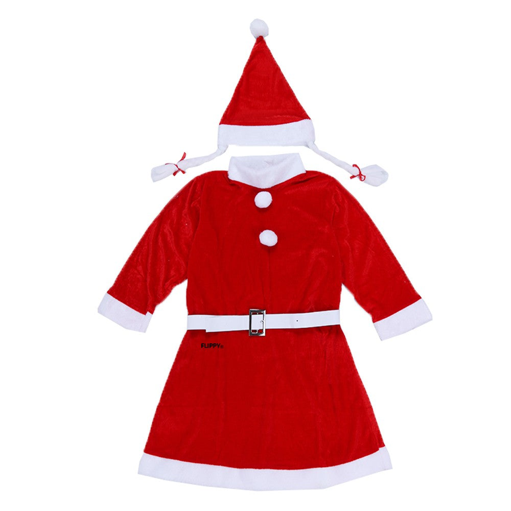 Costum Craciunita pentru Fete, Set Rochie cu Fes si Centura, Catifea Moale, Rosu si Alb, 3 Piese, Varsta 10-12 Ani