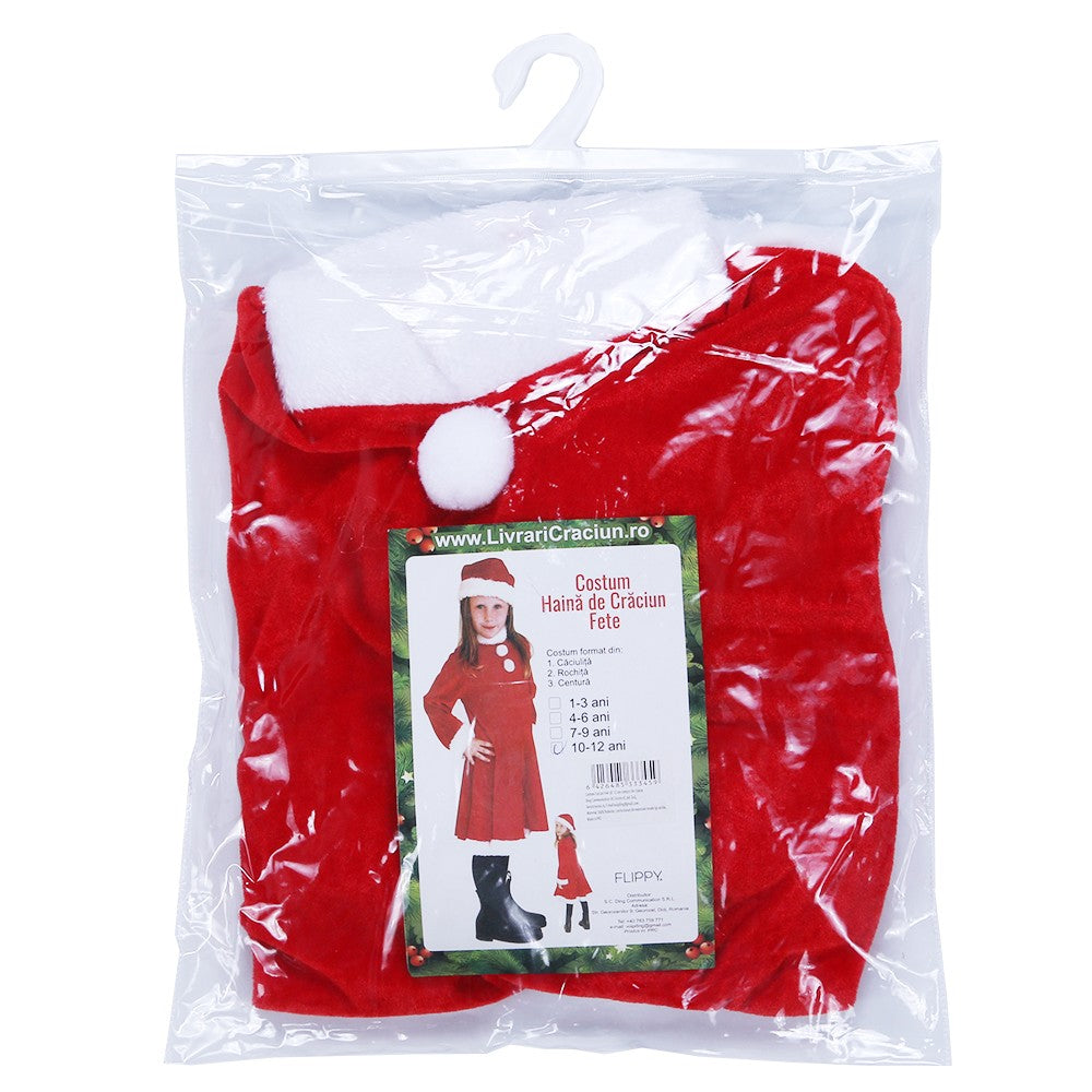 Costum Craciunita pentru Fete, Set Rochie cu Fes si Centura, Catifea Moale, Rosu si Alb, 3 Piese, Varsta 10-12 Ani