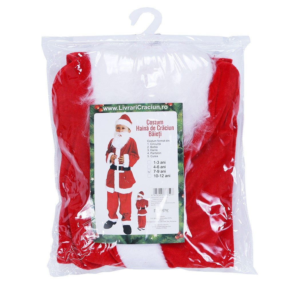 Costum Mos Craciun Pentru Baieti, Set Complet 5 Piese Cu Barba Si Accesorii, Catifea Moale, Rosu/Alb, Varsta 7-9 Ani