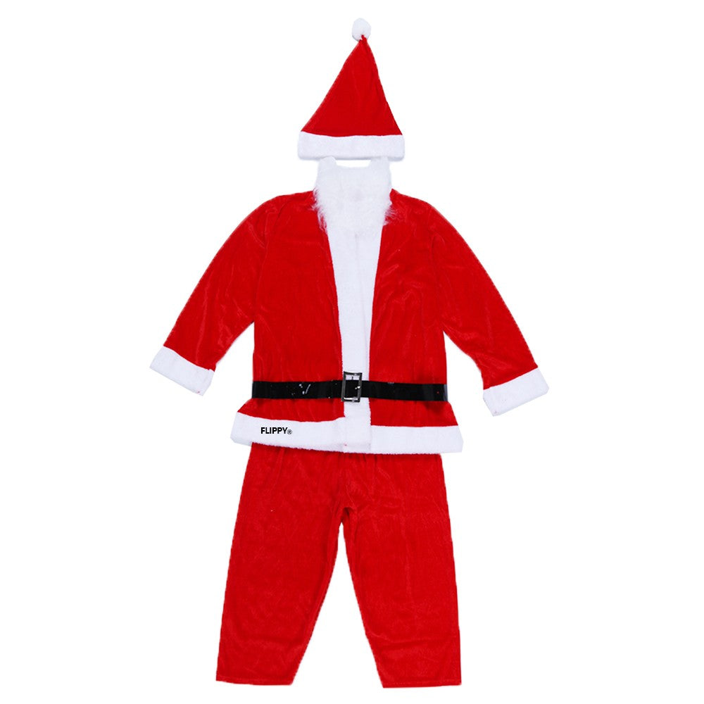 Costum Mos Craciun Pentru Baieti, Set Complet 5 Piese Cu Barba Si Accesorii, Catifea Moale, Rosu/Alb, Varsta 7-9 Ani