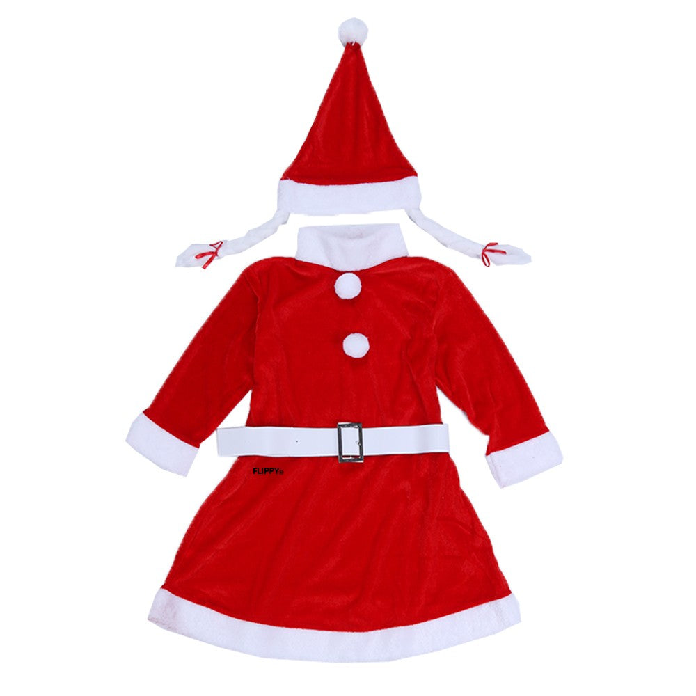 Costum Craciunita Fete, Set de Craciun 3 Piese cu Rochie, Caciula si Centura, Catifea din Poliester, Rosu/Alb, 4-6 Ani