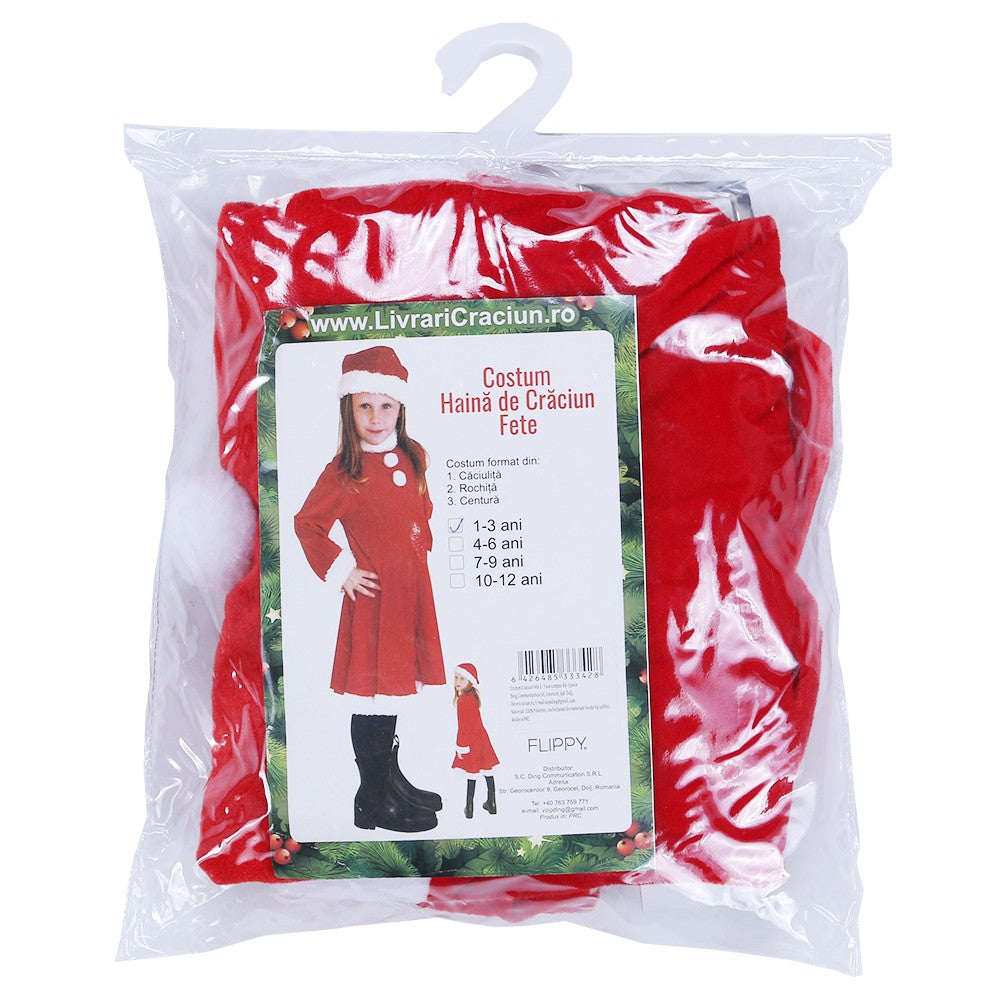 Costum Craciunita pentru Fete, Set Rochita Craciun cu Caciula si Centura, Catifea Rosie, 3 Piese, Varsta 1-3 Ani