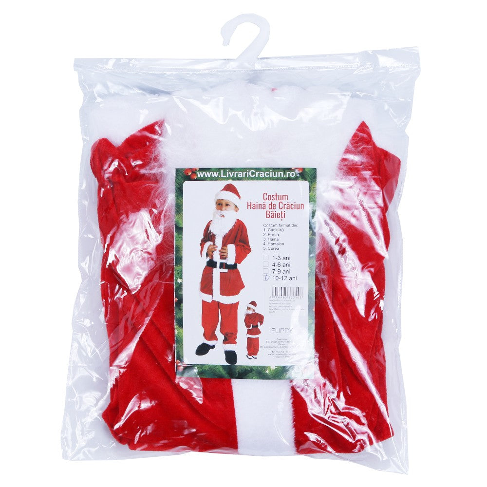 Costum Mos Craciun Pentru Baieti, Set Complet de Deghizare Craciun, Catifea Moale, 5 Piese, Varsta 10-12 Ani, Rosu/Alb