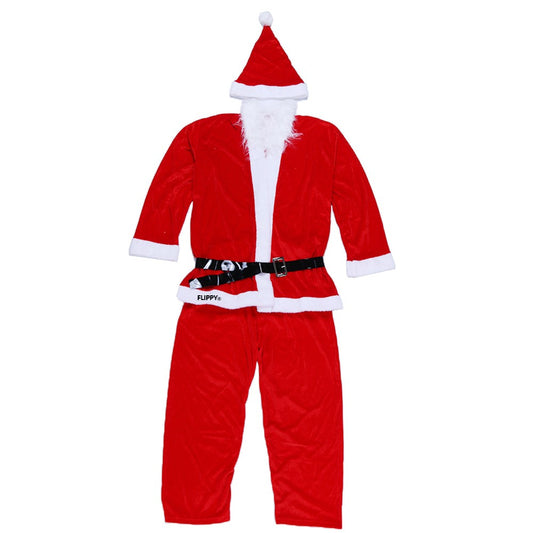 Costum Mos Craciun Pentru Barbati Si Adulti, Set Complet Accesorii Sarbatori, Catifea Din Poliester, 5 Piese Include Barba Si Caciula, Rosu, Marime Universala