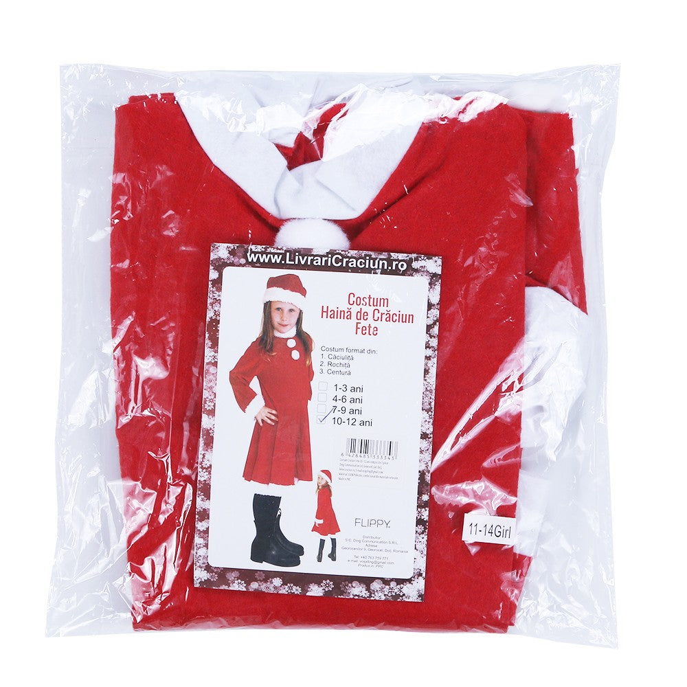 Costum Crăciuniță Pentru Fată, Set 3 Piese Cu Rochiță Și Căciuliță, Polar Poliester, 10-12 Ani, Roșu, 3 Piese