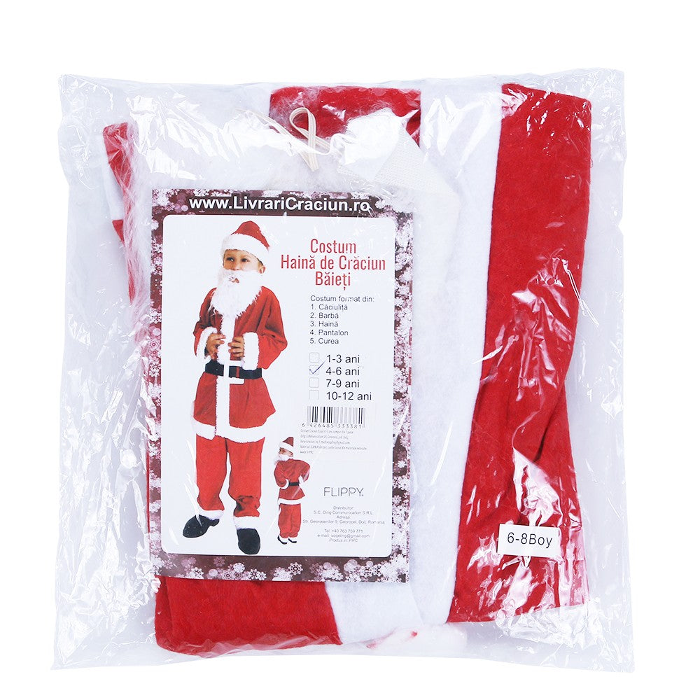 Costum Mos Craciun Pentru Baieti, Set Complet 5 Piese Cu Barba Si Caciula, Material Polar Moale, Rosu, Varsta 4-6 Ani