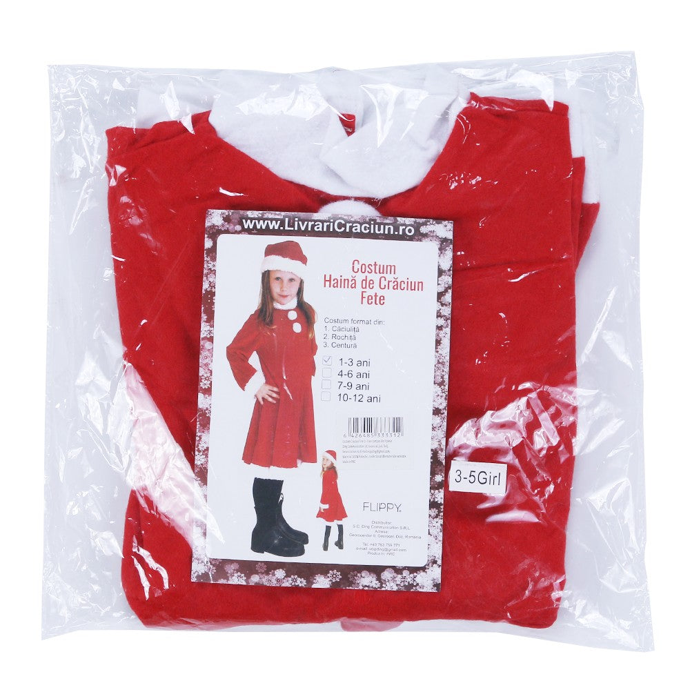 Costum Craciunita pentru Fete, Set de Craciun cu Rochita, Caciulita si Centura, Material Polar Moale, 3 Piese, Rosu, Varsta 1-3 Ani