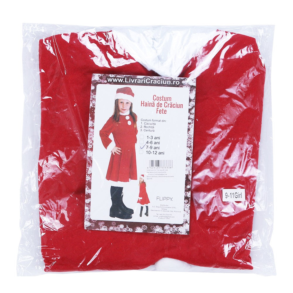 Costum Crăciuniță Pentru Fată, Set 3 Piese Cu Rochiță Și Căciuliță, Polar Poliester, 7-9 Ani, Roșu, 3 Piese