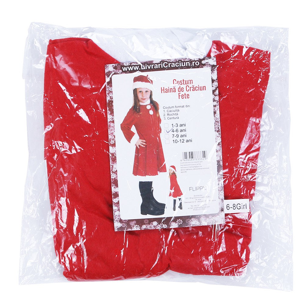 Costum Craciunita pentru Fete, Rochita cu Caciula si Centura, Material Polar Moale, Rosu, Set 3 Piese, Marime 4-6 Ani