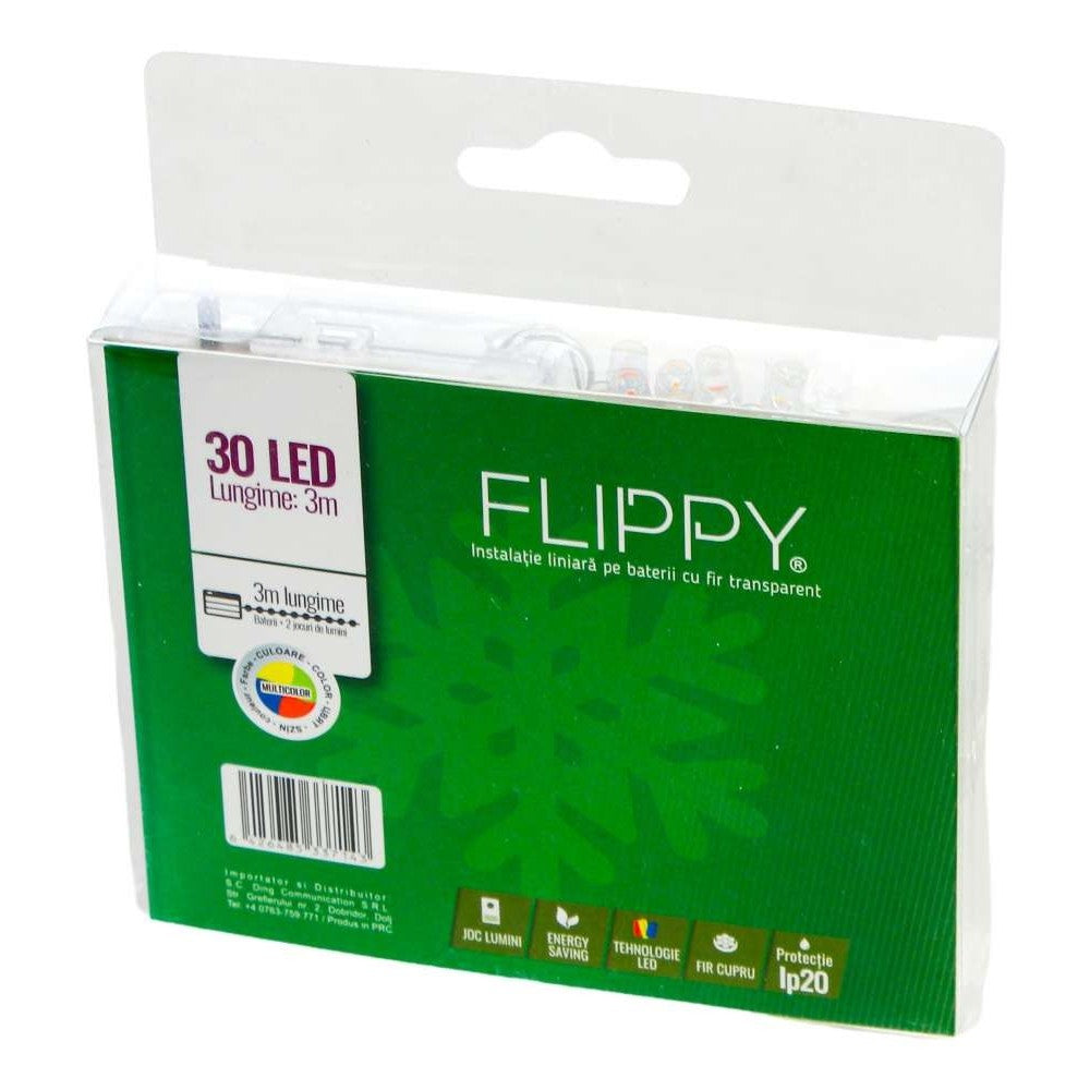 Instalatie de Craciun Tip Liniar, Sir luminos cu Baterii, 2 Functii cu Flash, Fir de Cupru Transparent, 3 m, 30 LED-uri, Multicolor