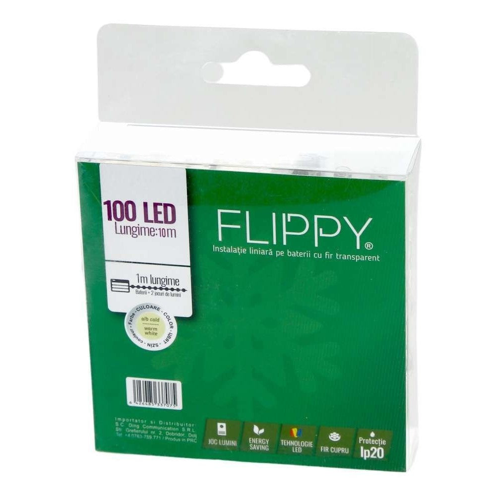 Instalatie de Craciun Liniara cu 100 LED-uri, Functie Flash si Fir Transparent din Cupru, Alimentare 3 Baterii AA, Interior, 10 m, Alb Cald