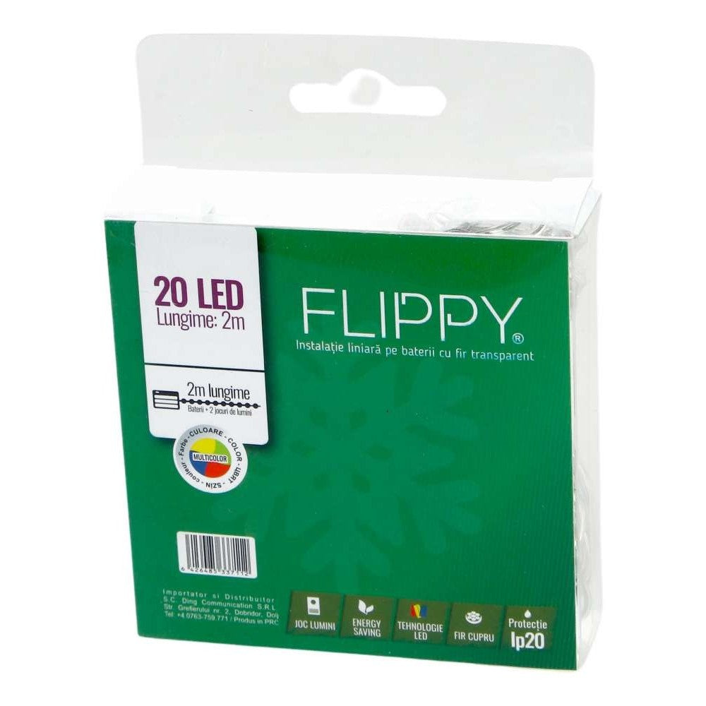 Instalatie de Craciun Tip Liniar, 20 LED-uri, Alimentare cu Baterii, 2 Jocuri de Lumini, Fir Transparent, 2 m, Multicolor
