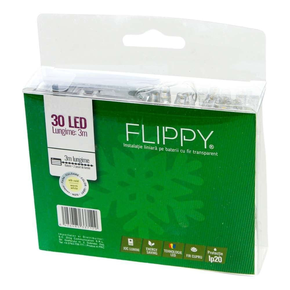Instalatie de Craciun Tip Liniar, 30 LED-uri, cu Baterii si 2 Jocuri de Lumini, Fir Transparent, 3 m, Alb Cald