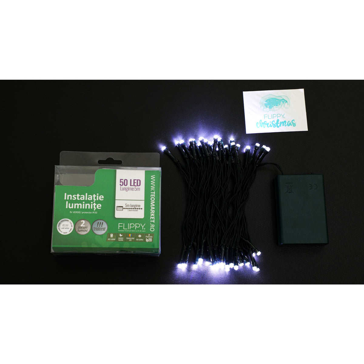 Instalatie de Craciun Tip Liniar cu Baterii, 50 LED-uri, 2 Moduri de Iluminare, Fir Verde, 5 m, Alb Rece