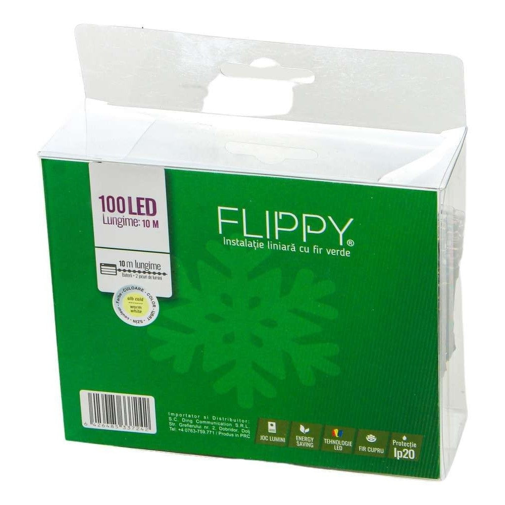 Instalatie de Craciun Tip Liniar cu 100 LED-uri, Alimentare pe Baterii, 2 Functii de Lumina si Flash, Fir Cupru Verde, 10 m, Alb Cald