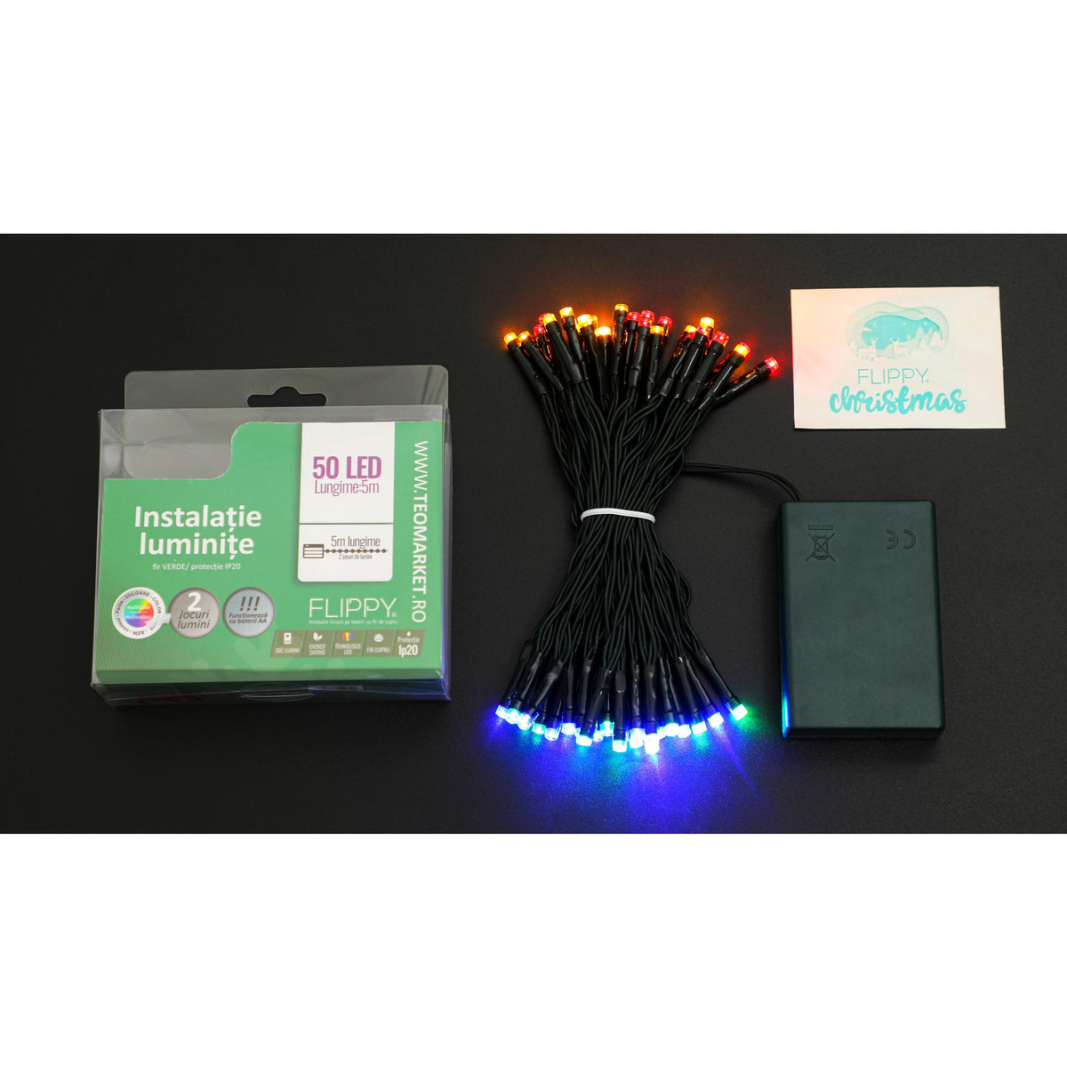 Instalatie de Craciun Tip Liniar cu 50 LED-uri, Alimentare pe Baterii, 2 Moduri de Iluminare, Fir Verde, Lungime 5 m, Multicolor