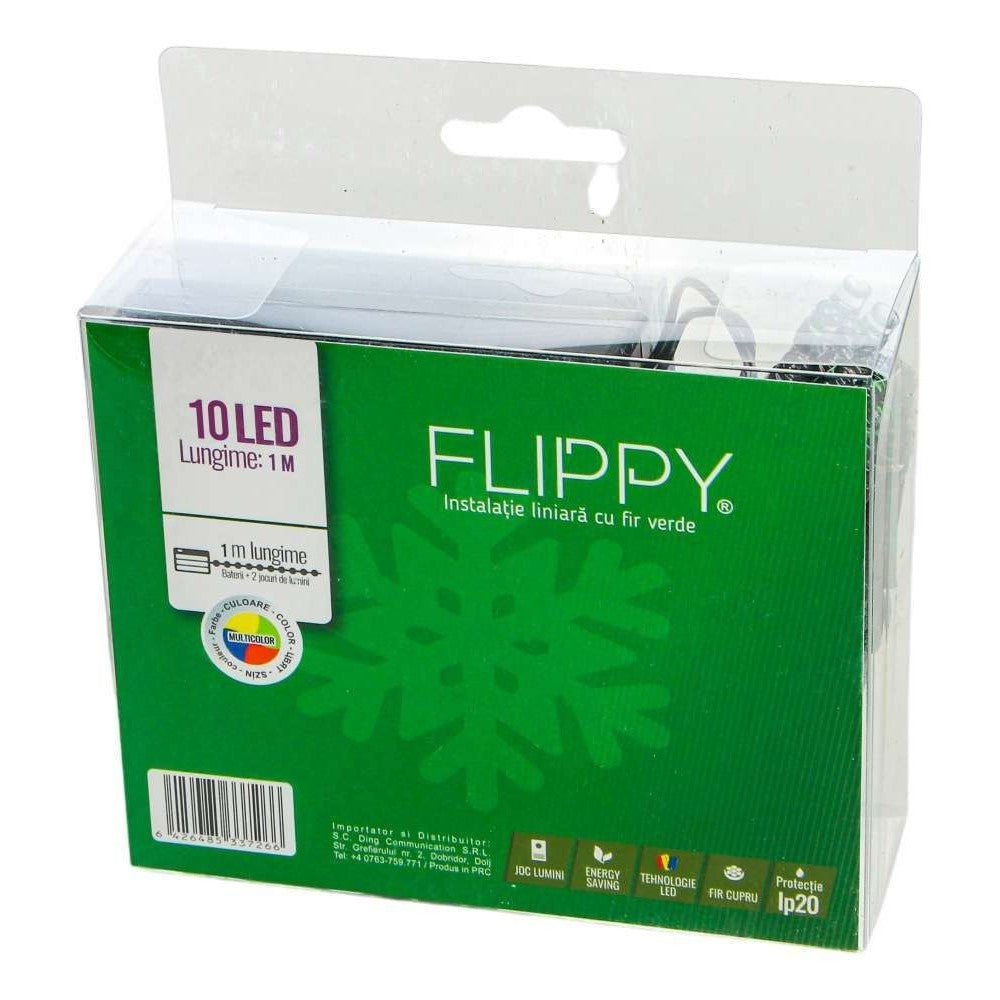 Instalatie de Craciun Tip Liniar cu Baterii, 2 Jocuri de Lumini, Fir Verde, 10 LED-uri, 1 m, Multicolor