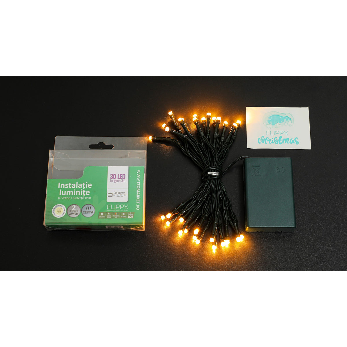 Instalatie De Craciun Liniara Cu Baterii, 2 Moduri De Iluminare, Fir Verde Din Plastic, 3 m, 30 LED-uri, Alb Cald