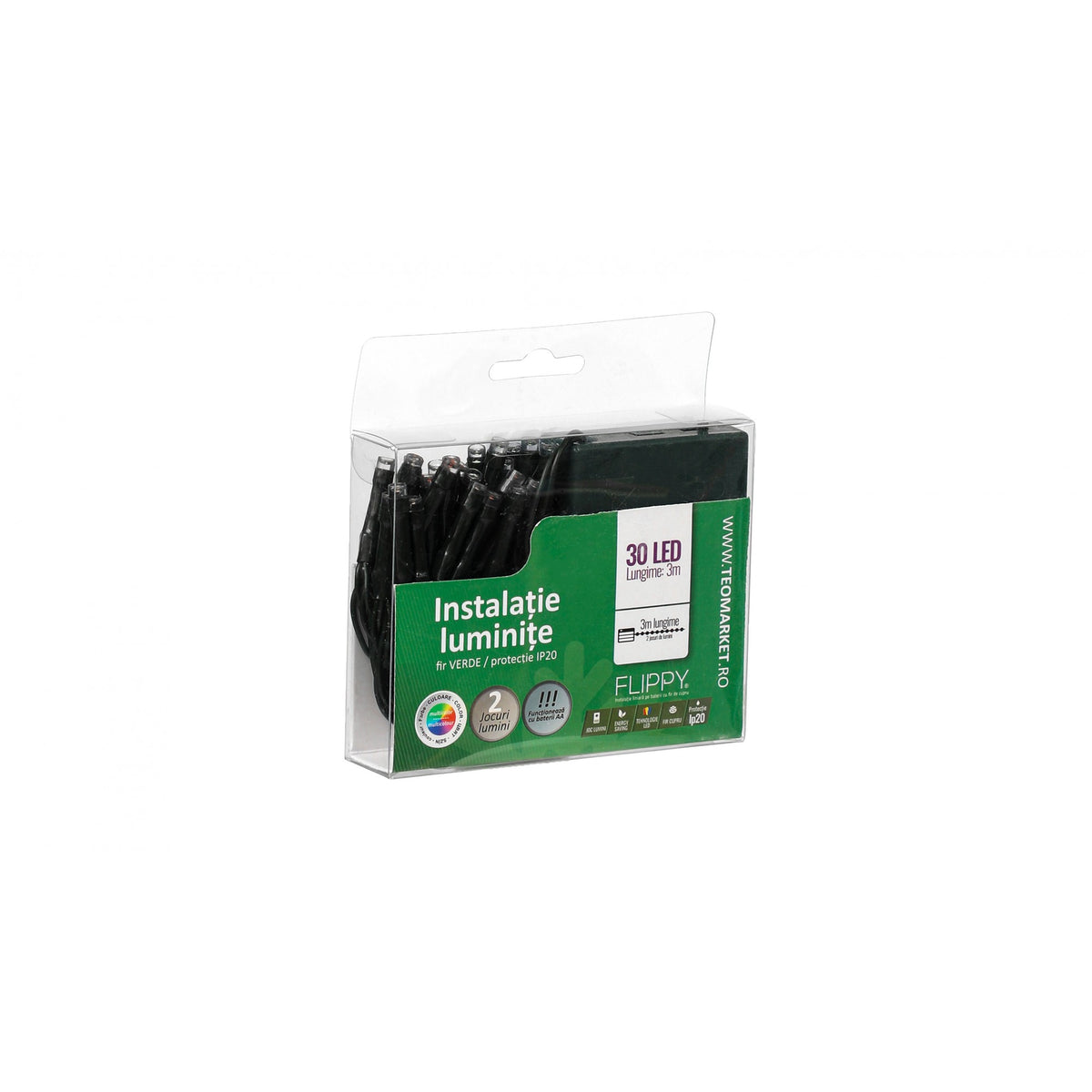 Instalatie de Craciun cu Baterii, Tip Liniar, 30 LED-uri, 2 Jocuri de Lumini cu Functie Flash, Fir Verde din Cupru, Interior, IP20, 3 m, Multicolor